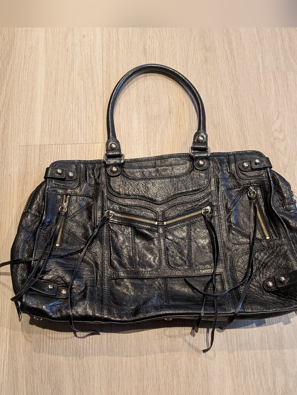 Rebecca Minkoff black leather moto-style Satchel
